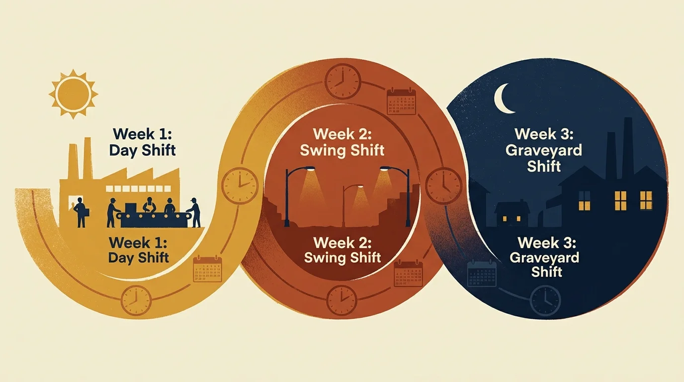 Illustration of three connected circles showing Day Shift, Swing Shift, and Graveyard Shift cycles from day to night.