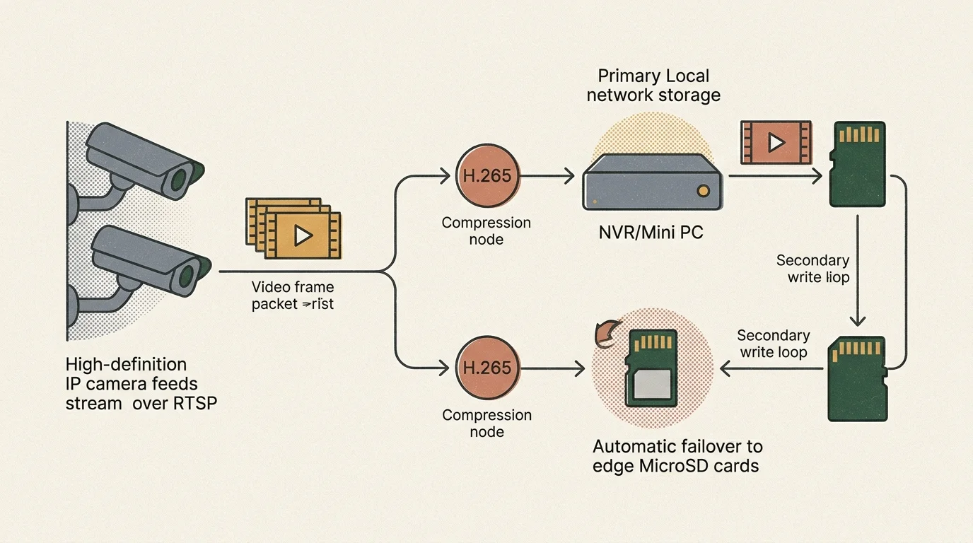 Diagram showing RTSP IP camera streams routing through H.265 compression nodes to an NVR and failover MicroSD cards.