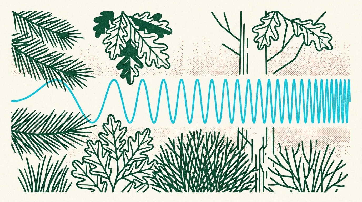 Blue chirp waveform passing horizontally between green line-art leaves, pine needles, and foliage.