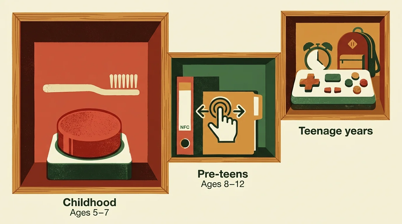 Three framed boxes showing items for age tiers: a button and toothbrush, NFC binders, and a gamepad with a backpack.