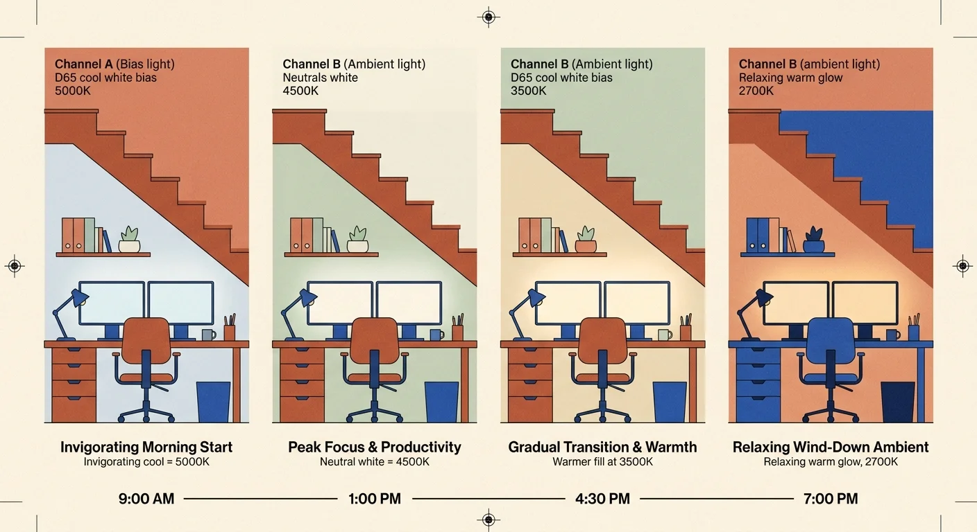 Four-panel diagram of an under-stairs desk setup showing lighting color transitions from 9:00 AM to 7:00 PM.