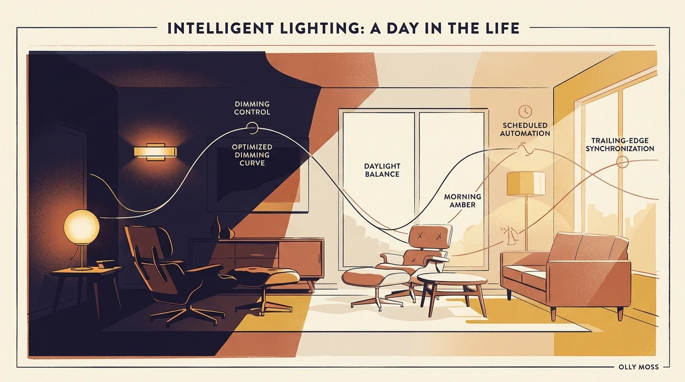 Illustration of a living room transitioning from night to day with curves showing dimming control and scheduled automation.
