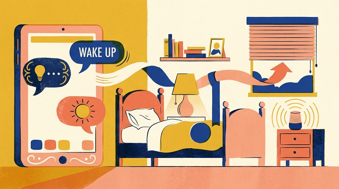 Illustration of a tablet sending a wake up command across a bedroom to a lamp, window blinds, and smart speaker.