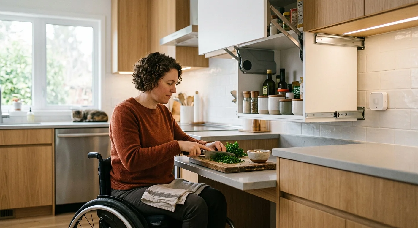 A woman in a wheelchair chops herbs at a lowered counter beside a motorized cabinet shelf lowered to eye level.