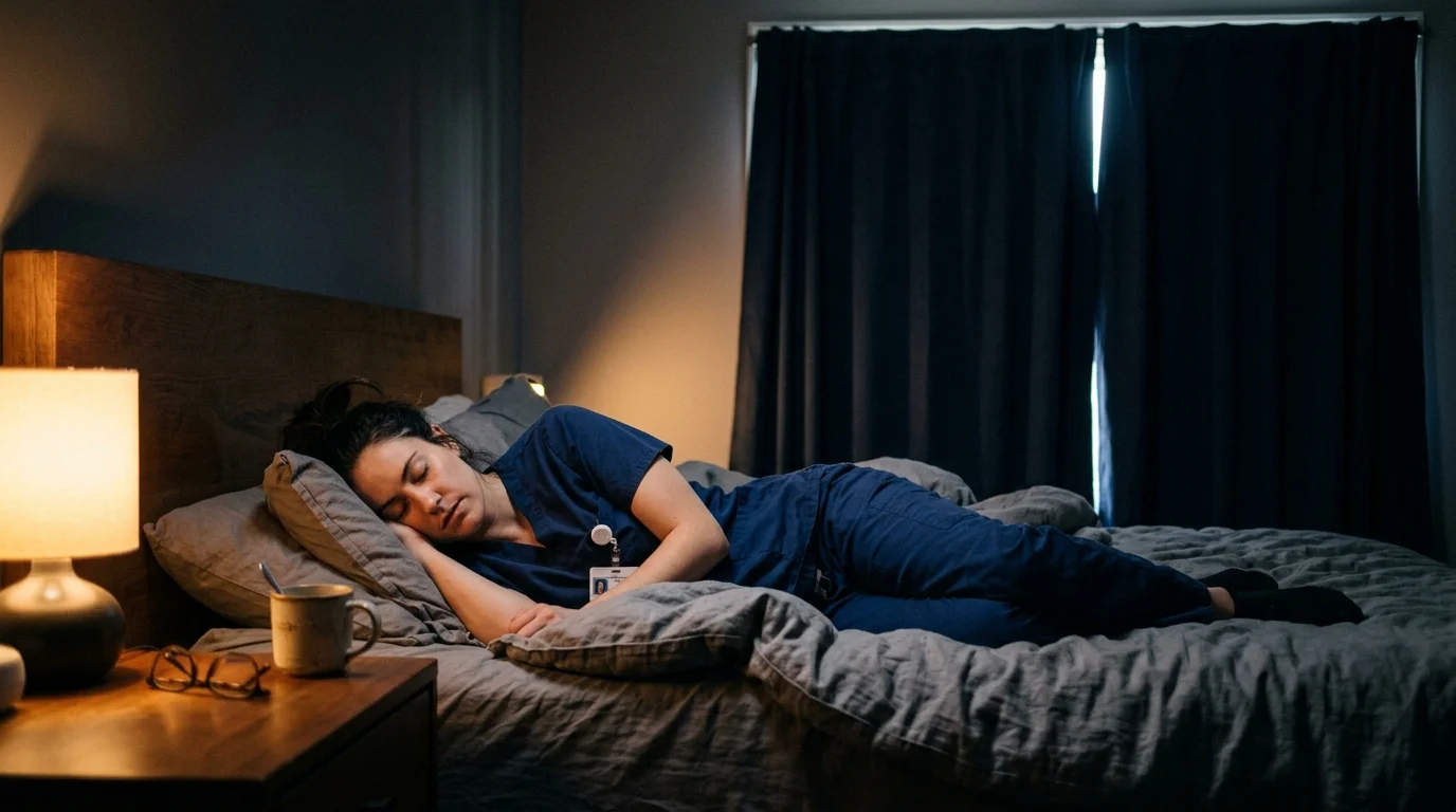 A woman in blue medical scrubs sleeps on a bed beside a glowing bedside lamp in a dimly lit bedroom with dark curtains.