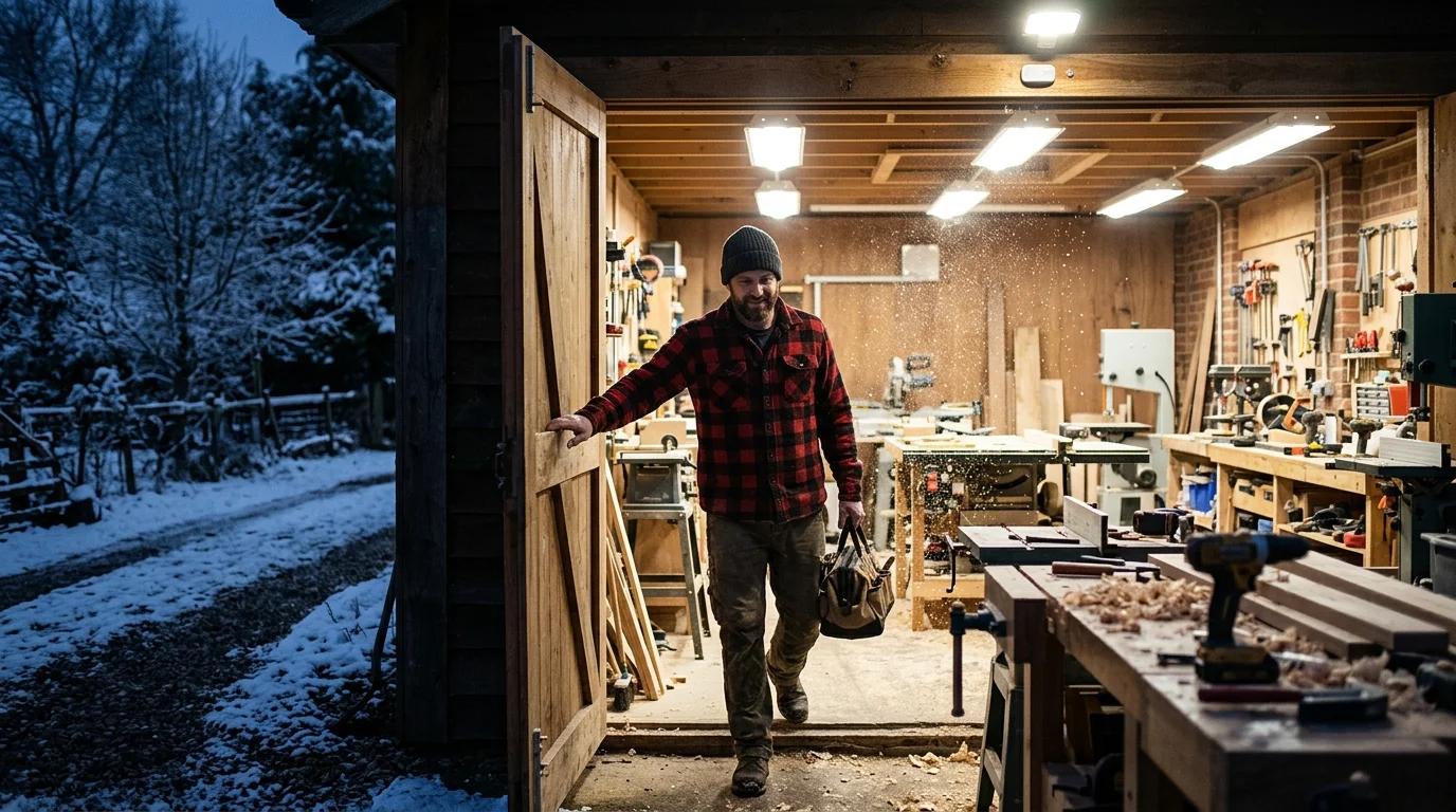 A man carrying a tool bag walks through an open wooden door into a brightly lit woodworking shop from a snowy yard.
