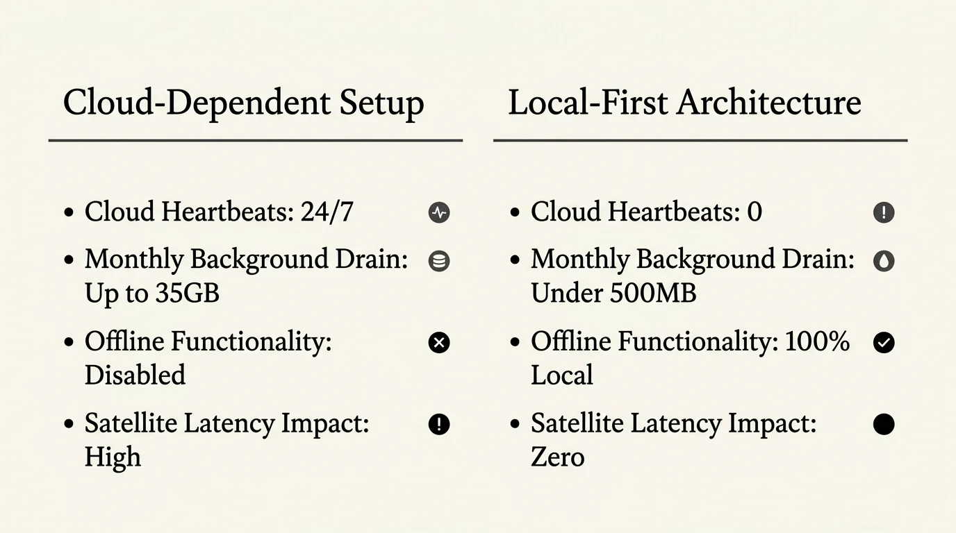 Side-by-side comparison diagram contrasting Cloud-Dependent Setup metrics against Local-First Architecture performance.