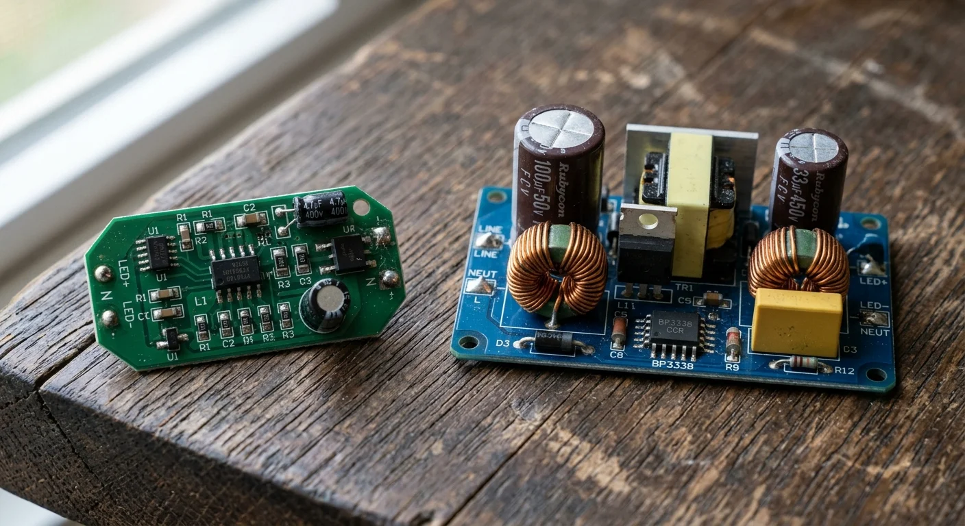 Small green circuit board beside a larger blue electronic driver board with copper coils and capacitors on rustic wood.