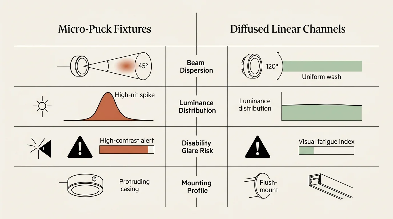 Diagram comparing micro-puck fixtures and diffused linear channels across beam dispersion, luminance, glare risk, and mounting.