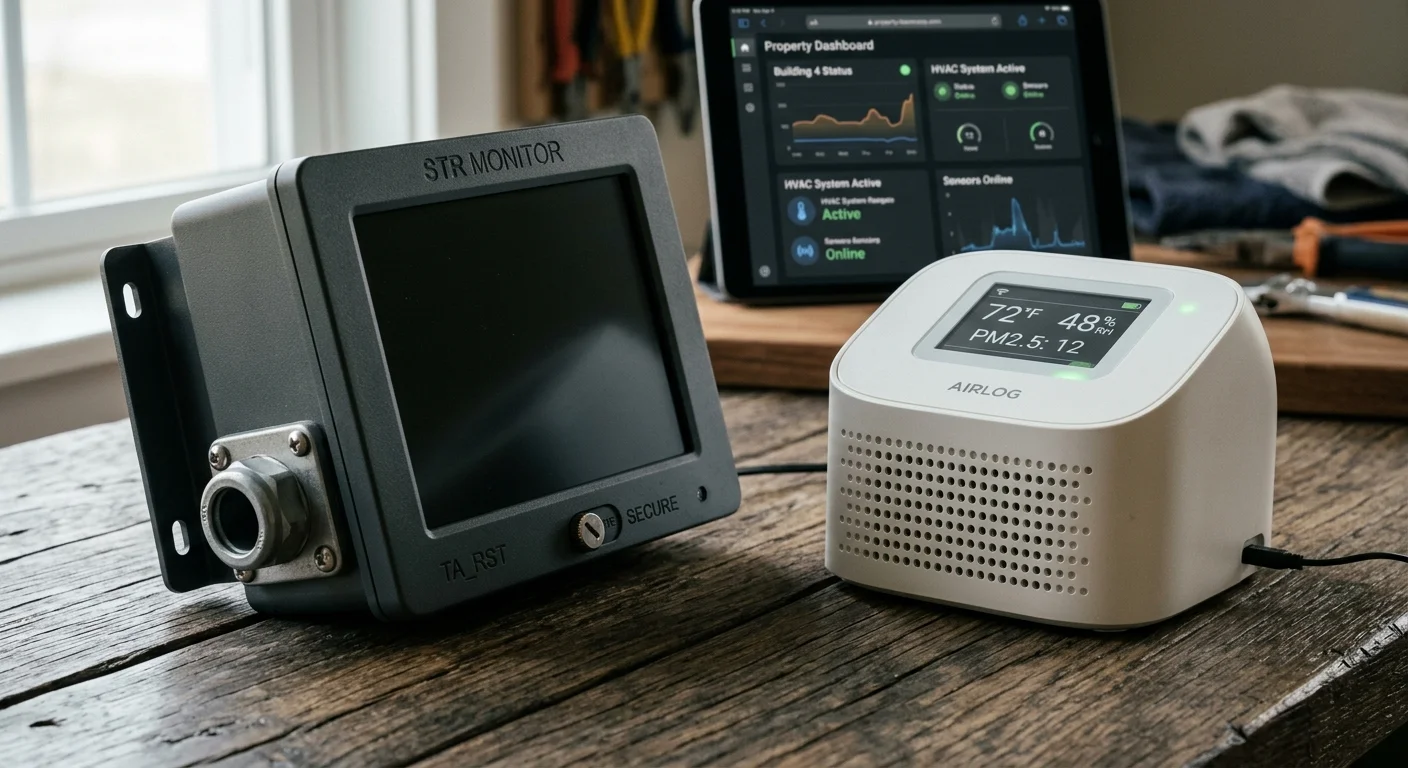 A rugged STR monitor device sits beside a white consumer air monitor on a rustic wooden table with a tablet dashboard behind.