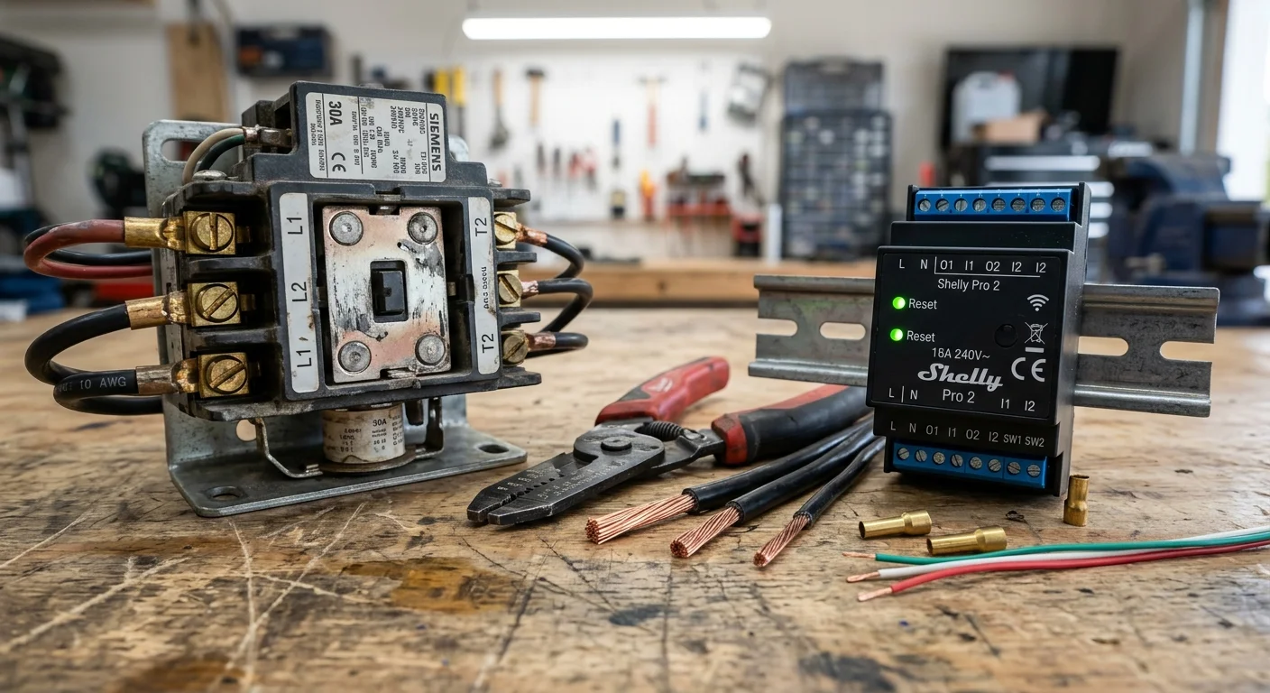 Industrial electrical contactor next to wire strippers, stripped copper cables, and a Shelly Pro 2 smart relay on a workbench.