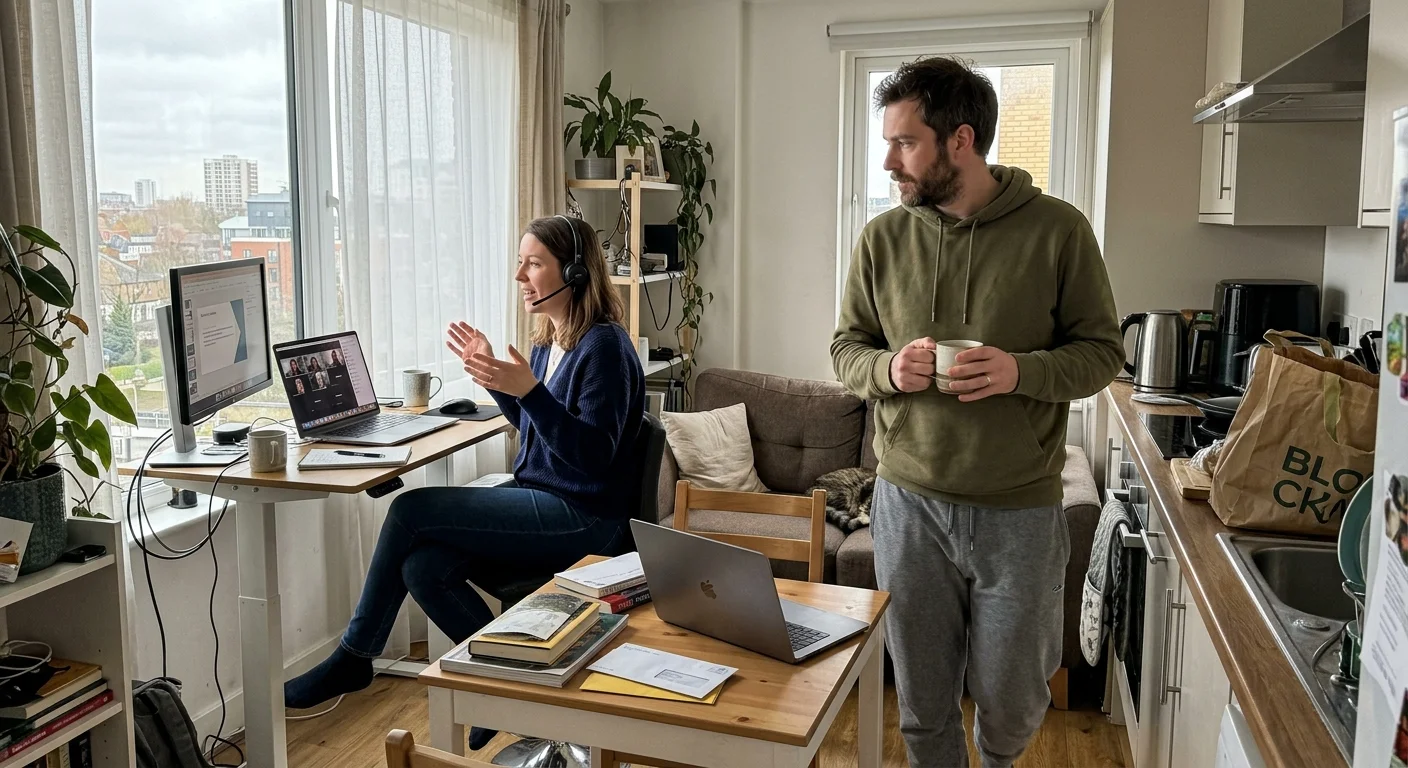A woman wearing a headset speaks on a video call while a man holding a mug stands beside her in a small open-plan apartment.