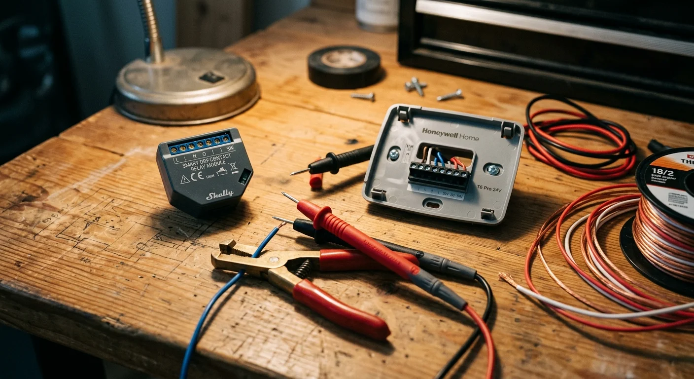 A smart relay module, Honeywell thermostat base plate, wire stripper, multimeter probes, and spools of wire on a workbench.