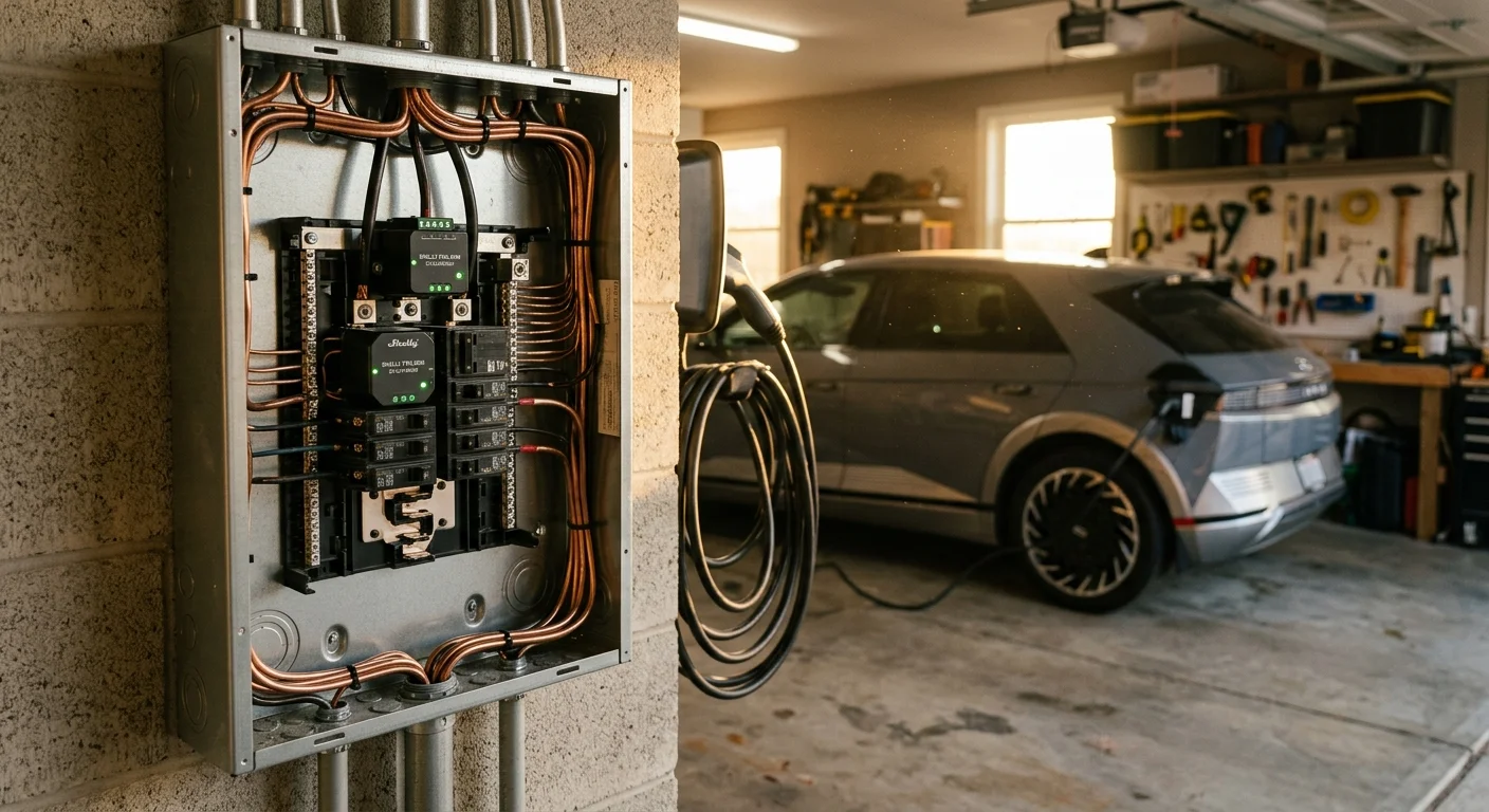Open electrical breaker panel with smart relays mounted on a garage wall beside an electric car charging station.