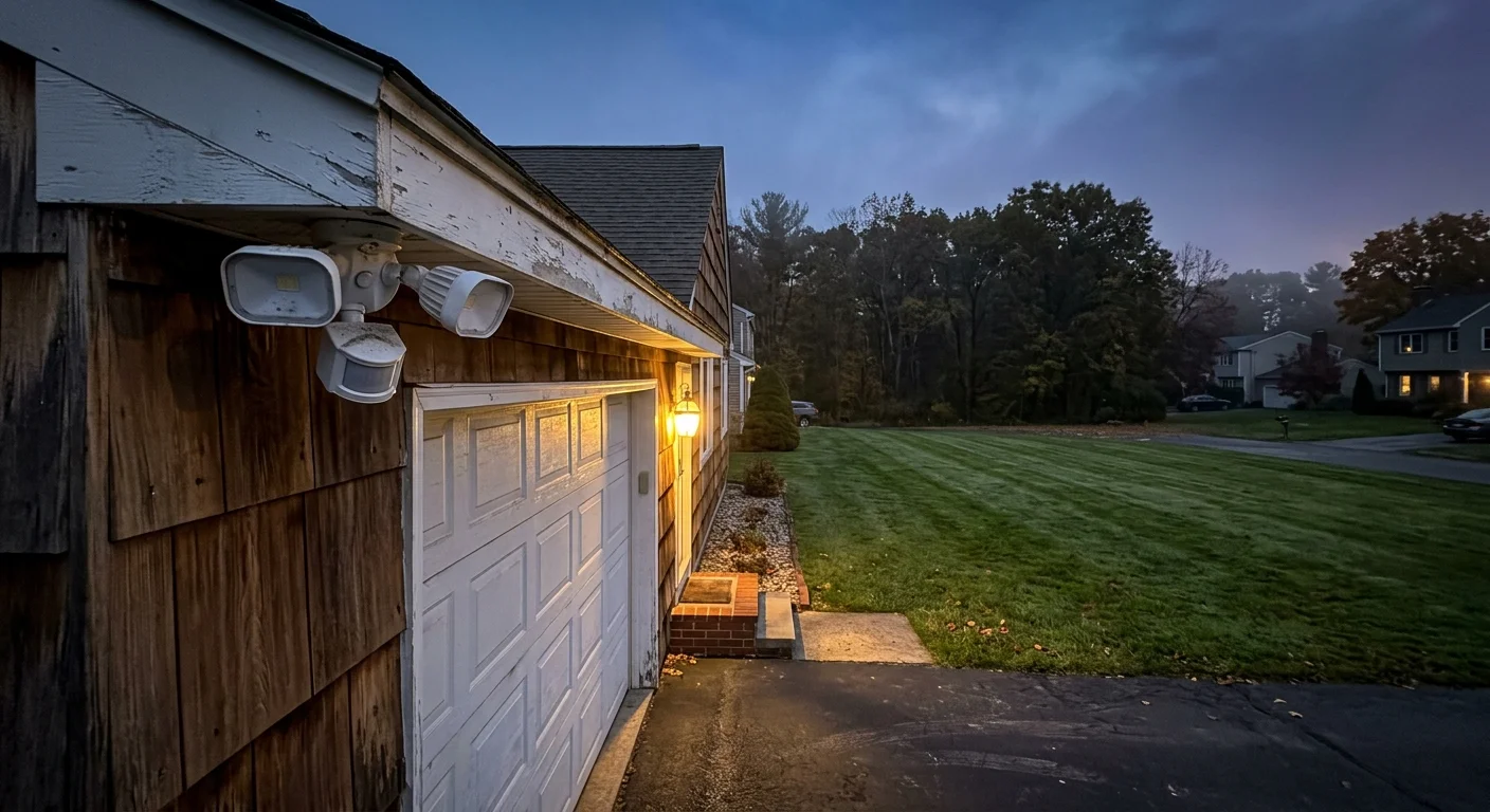 White motion sensor floodlight mounted under the eave of a detached wooden garage beside a grassy suburban yard at dusk.