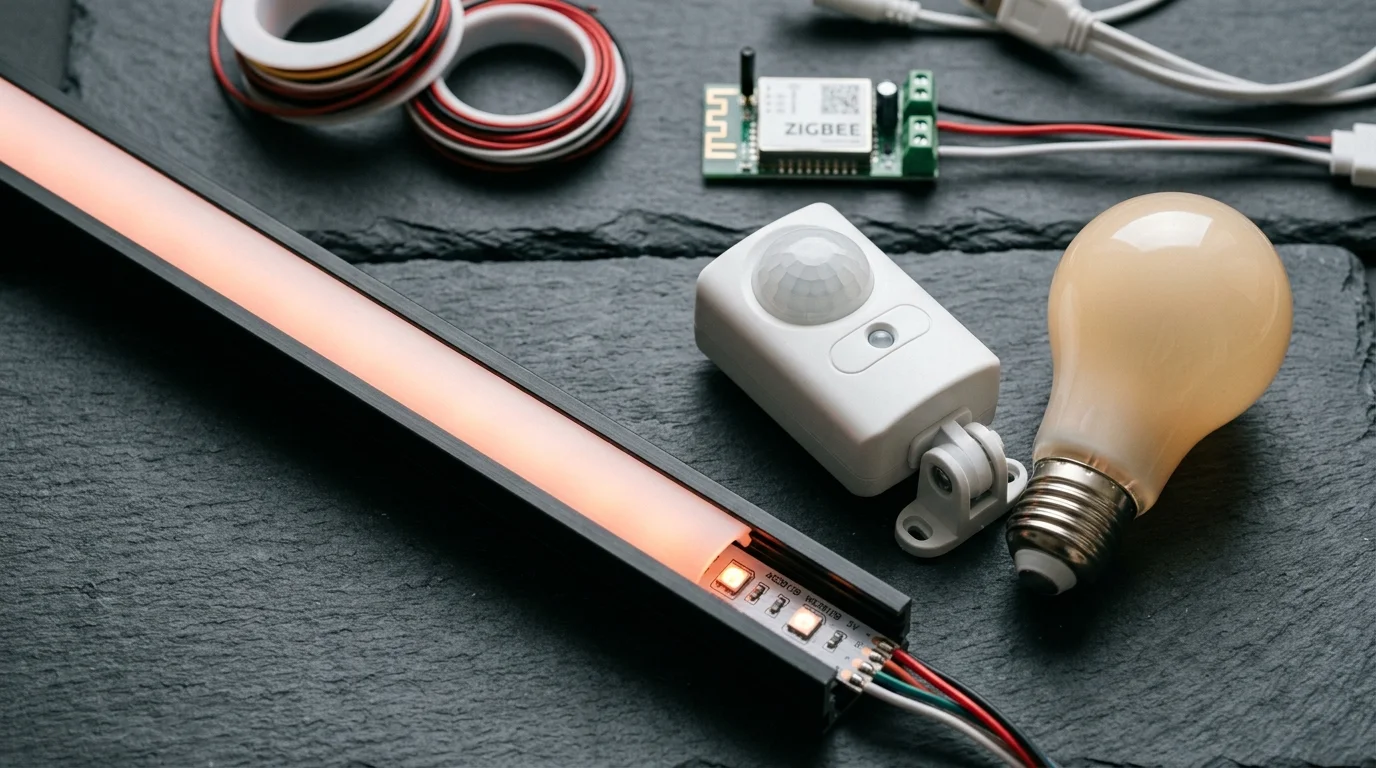 An LED light bar, motion sensor, lightbulb, and Zigbee board laid out on a dark slate surface with wiring.