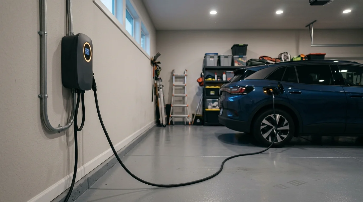 A blue electric vehicle parked in a garage, connected to a wall-mounted Level 2 charger via a long black cable.