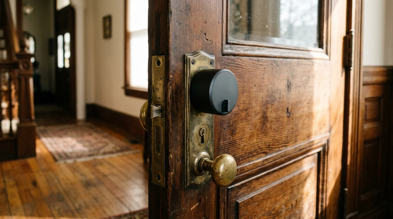 Modern round smart lock mounted on an antique brass door plate and wooden mortise door.