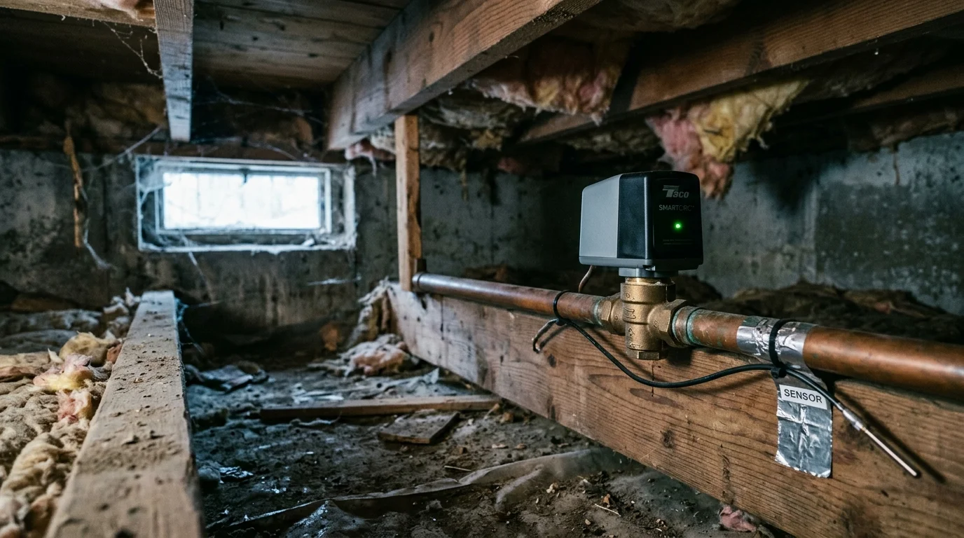 Electronic recirculation valve with a glowing green indicator light and wired sensor attached to a copper pipe in a crawl space.