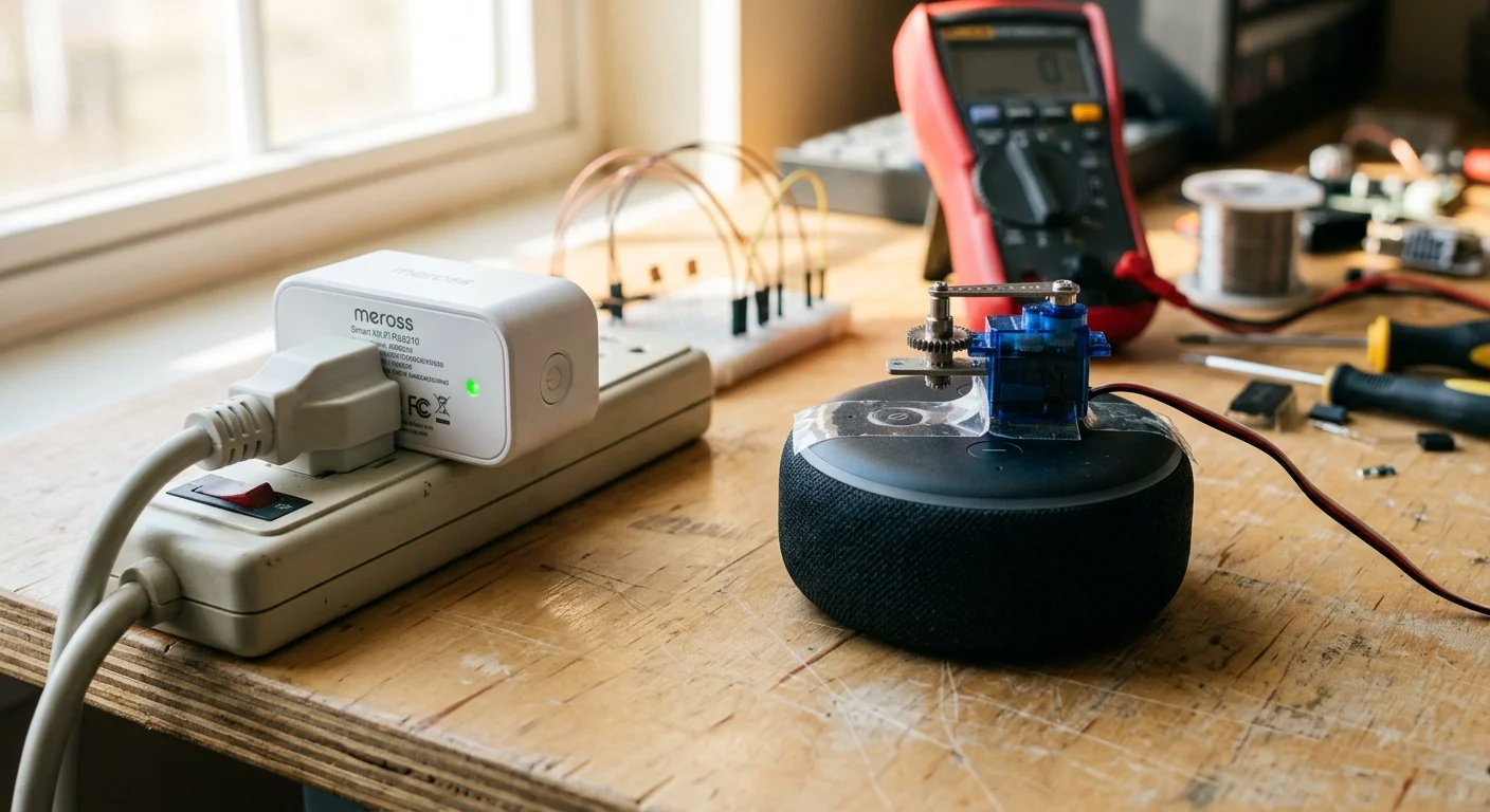A smart plug in a power strip beside a smart speaker with a mini servo motor taped to its top on a workbench.
