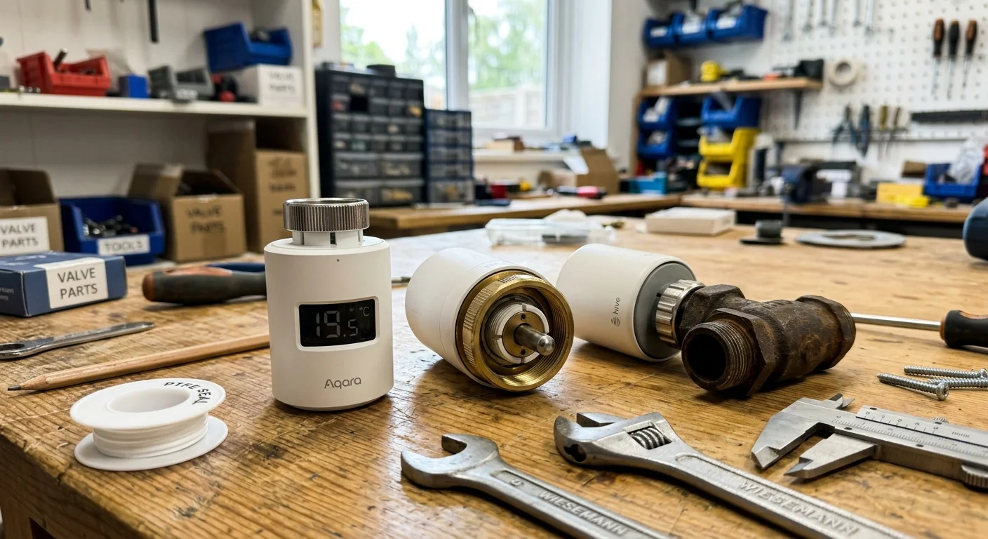 Smart radiator valves, plumbing fittings, wrenches, and calipers laid out on a wooden workshop workbench.