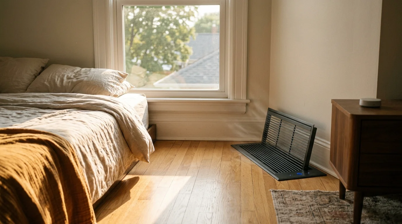 A modern smart register booster fan installed in the hardwood floor of a sunny bedroom next to a bed and nightstand.