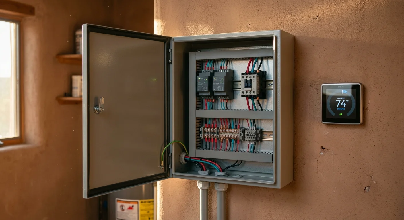 Open electrical relay control box with wiring mounted on an adobe wall next to a digital smart thermostat.