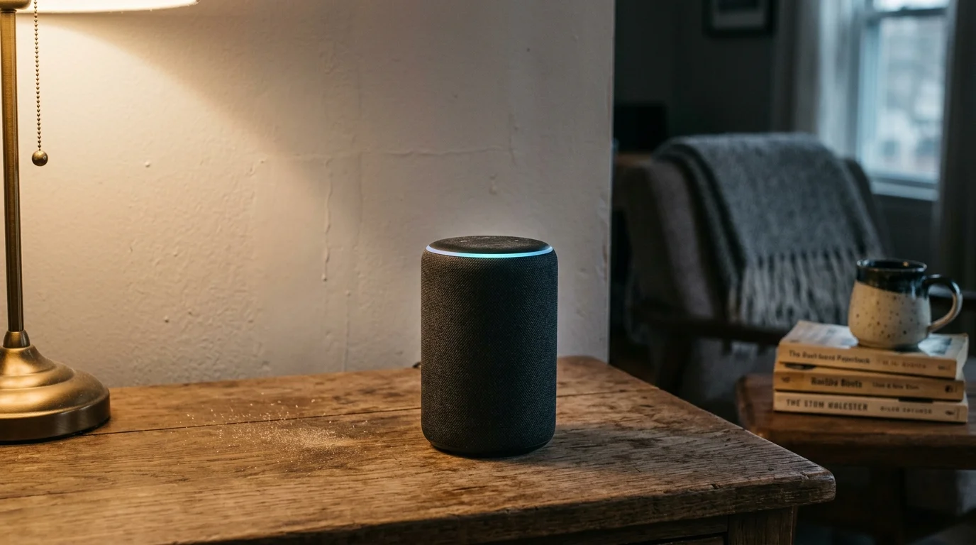 A smart speaker with an illuminated light ring sits on a wooden table beside a brass lamp in an apartment.