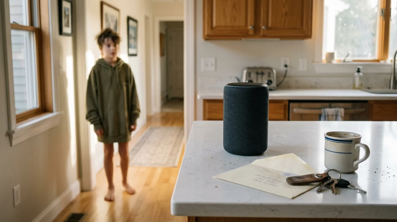 A smart speaker, mail, and mug sit on a kitchen counter while a barefoot child in an oversized hoodie stands behind it.