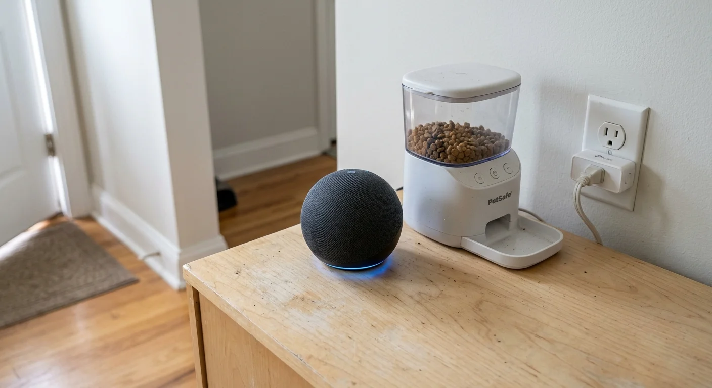 A spherical black Amazon Echo Dot speaker sits beside a white automatic pet feeder on a wooden table.