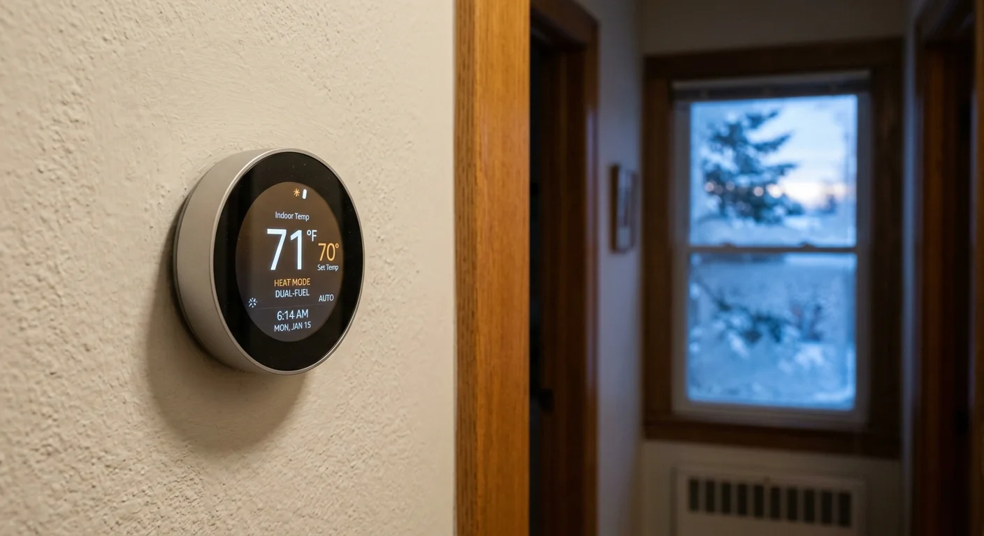 Round digital smart thermostat mounted on a wall displaying dual-fuel heat settings with a snowy window in the background.
