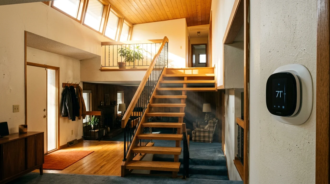 A split-level home interior with open wooden stairs and a black digital smart thermostat mounted on the foreground wall.