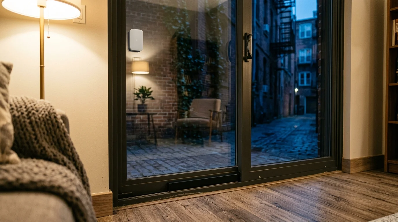 Sliding glass patio door with a small white sensor on the pane and a security bar in the bottom track.