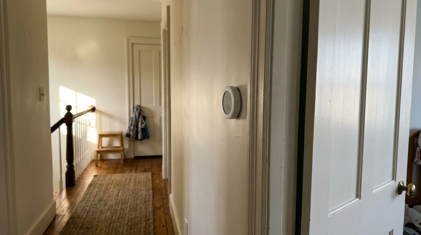 Small round white smart thermostat mounted on an upstairs hallway wall near an open bedroom door.