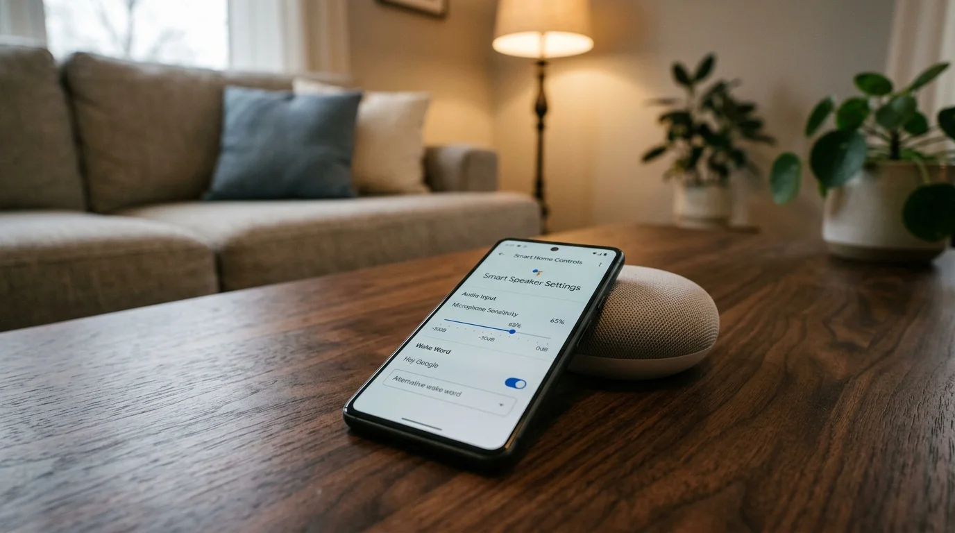 A smartphone displaying smart speaker microphone sensitivity settings sits beside a round smart speaker on a wooden table.