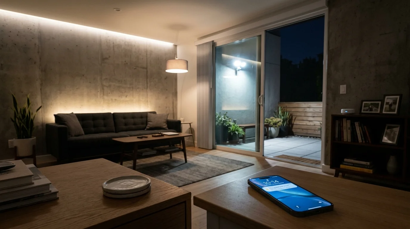 Living room at night with smartphone on coffee table in foreground, sliding glass door leading to illuminated patio.