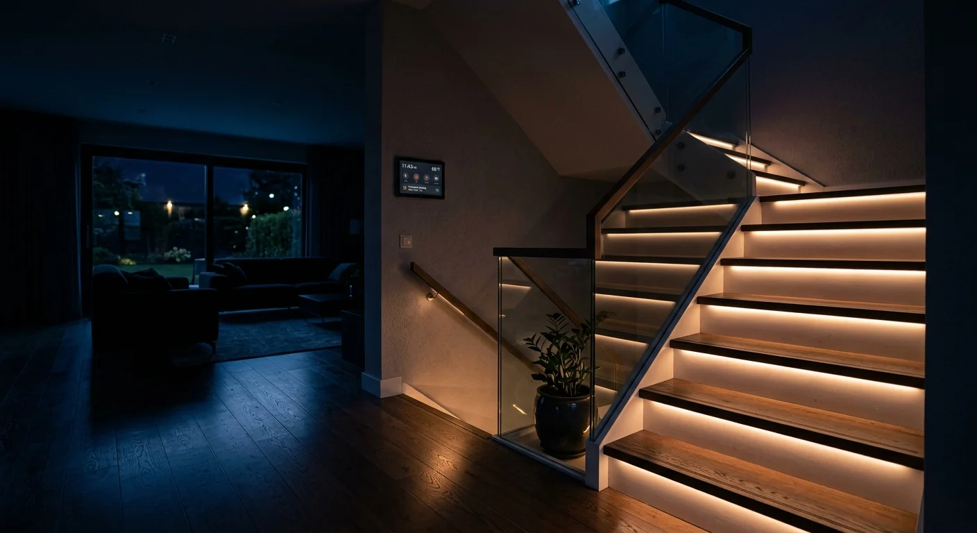 Modern staircase at night with warm LED strip lighting under wooden treads, glass railing, and a wall-mounted touch screen.