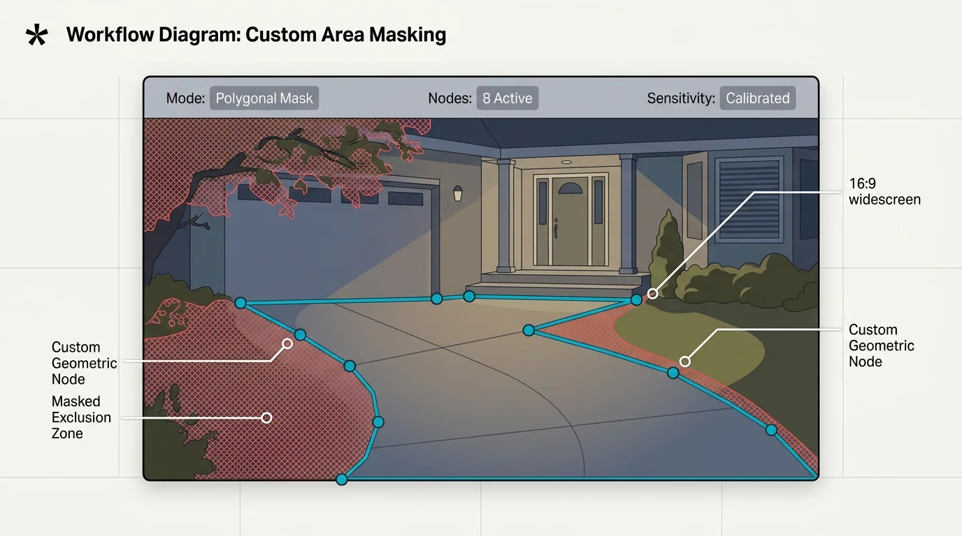 Diagram of a security camera view with a polygonal boundary and nodes tracing a driveway, excluding landscaped areas.