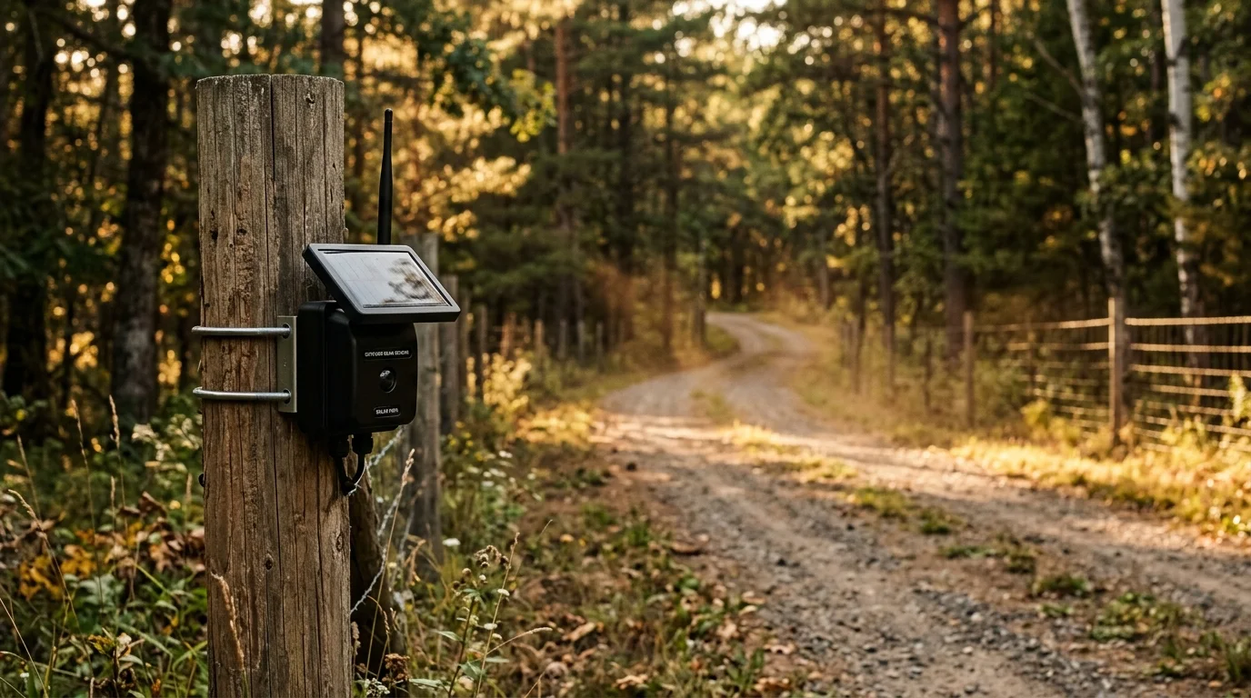 A solar-powered outdoor sensor mounted on a wooden fence post beside a gravel driveway winding through a forest.