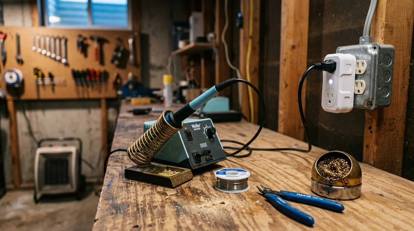 Soldering station smoking on a wooden workbench, plugged into a white smart outlet adapter on a wall stud.