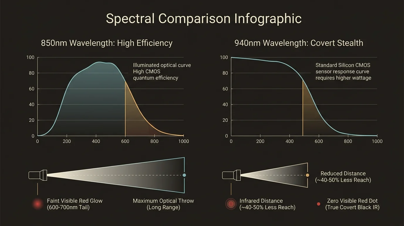 Spectral comparison infographic showing CMOS quantum efficiency curves and beam throw ranges for 850nm versus 940nm wavelengths.