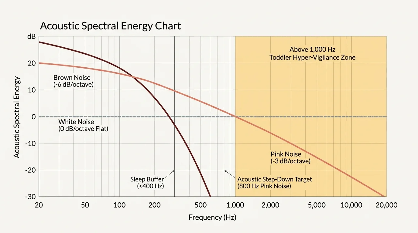 Acoustic spectral energy chart plotting dB falloff curves for white noise, pink noise, and brown noise versus frequency.