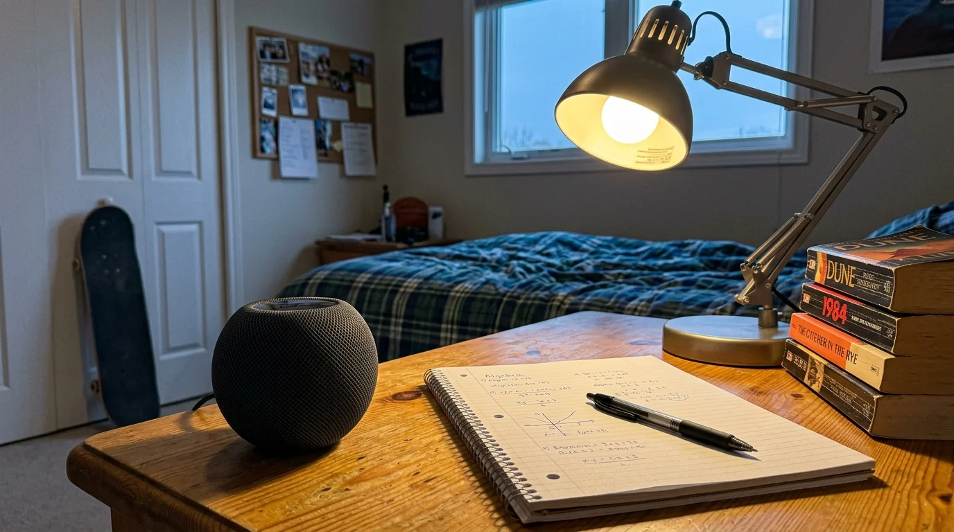 A smart speaker, notebook, pen, desk lamp, and stack of books sit on a wooden desk in a bedroom.