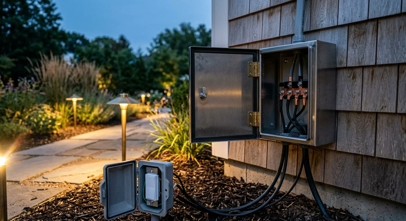 Open electrical box mounted on shingle siding with wiring connected to a nearby switch enclosure beside a garden pathway.