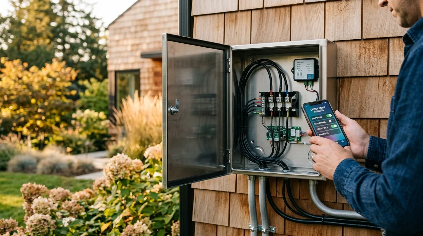 A person holds a smartphone showing a lighting app beside an open outdoor electrical control box on a wooden wall.