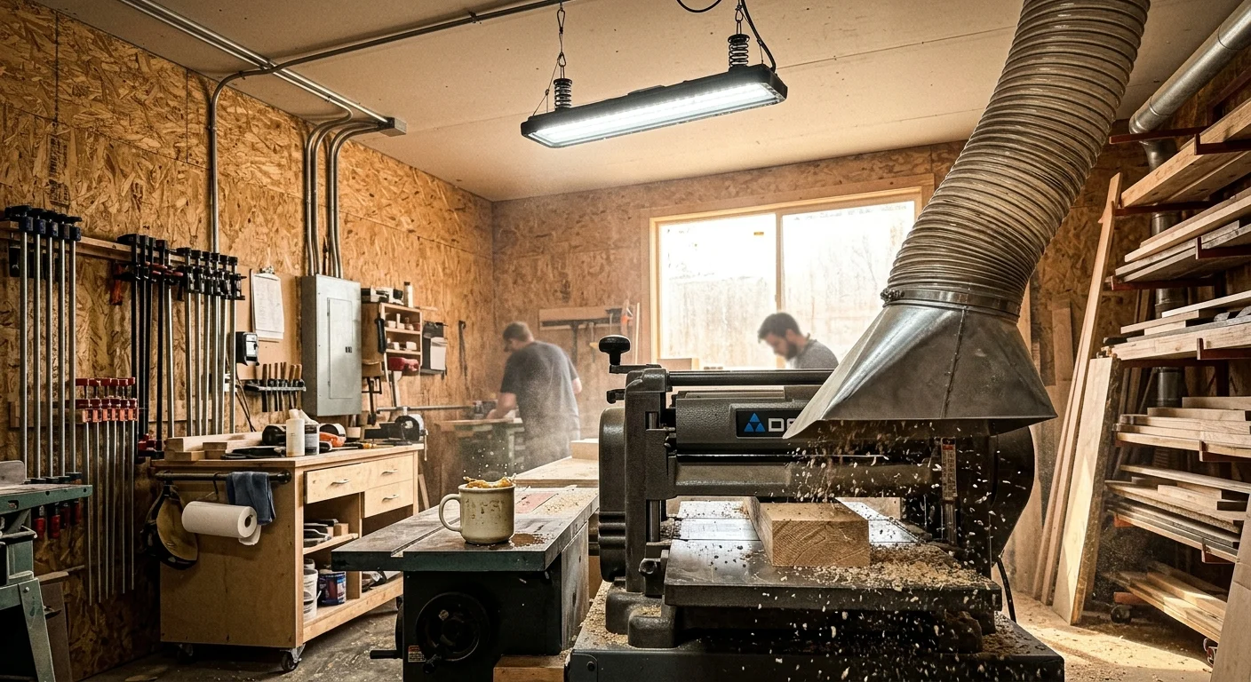 Woodworking planer running a timber beam under a suspended light fixture with dust collection hose and wood chips flying.