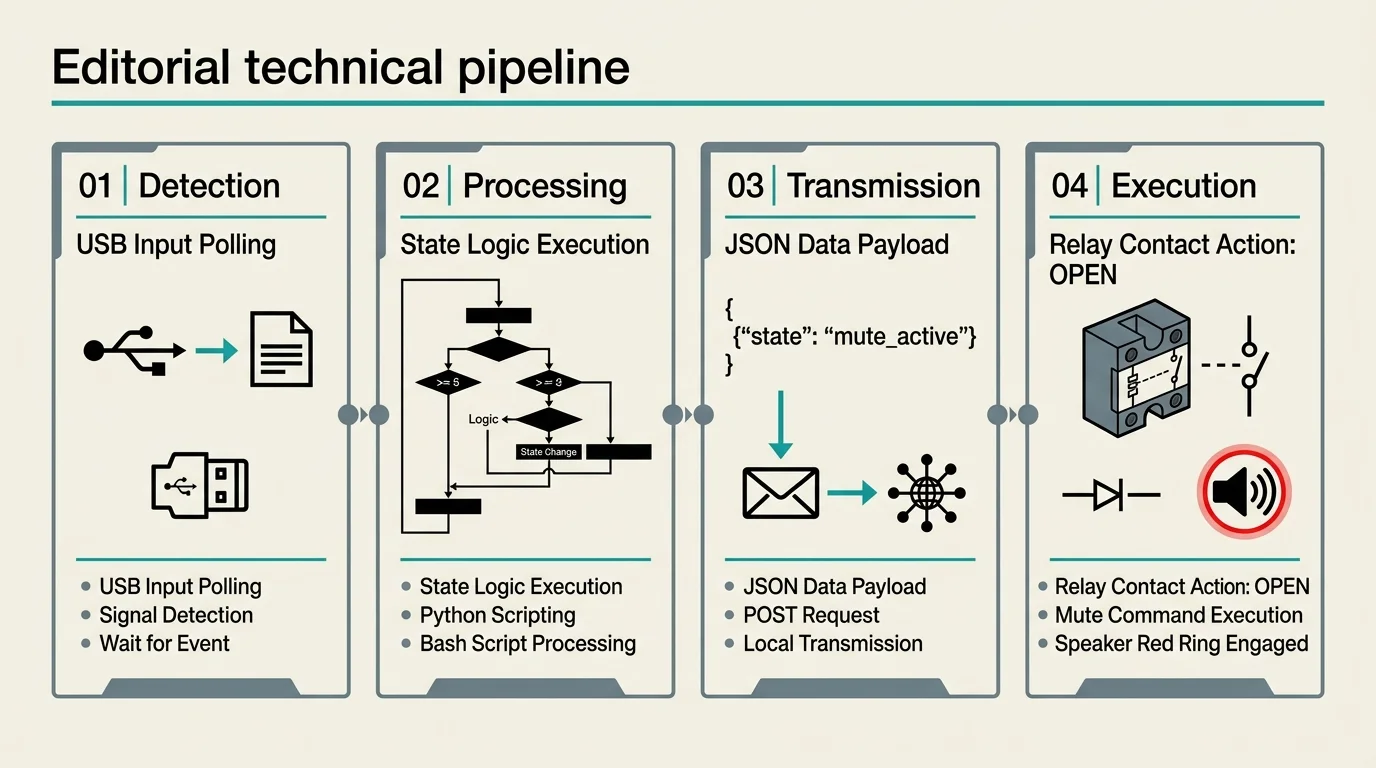 Four-step diagram titled Editorial technical pipeline showing Detection, Processing, Transmission, and Execution cards.