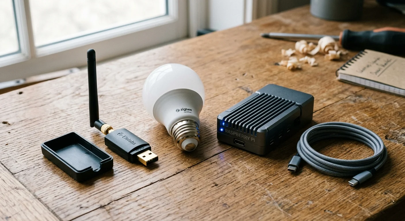 A Zigbee USB dongle, a smart light bulb, a Raspberry Pi in a metal case, and a USB cable on a wooden desk.