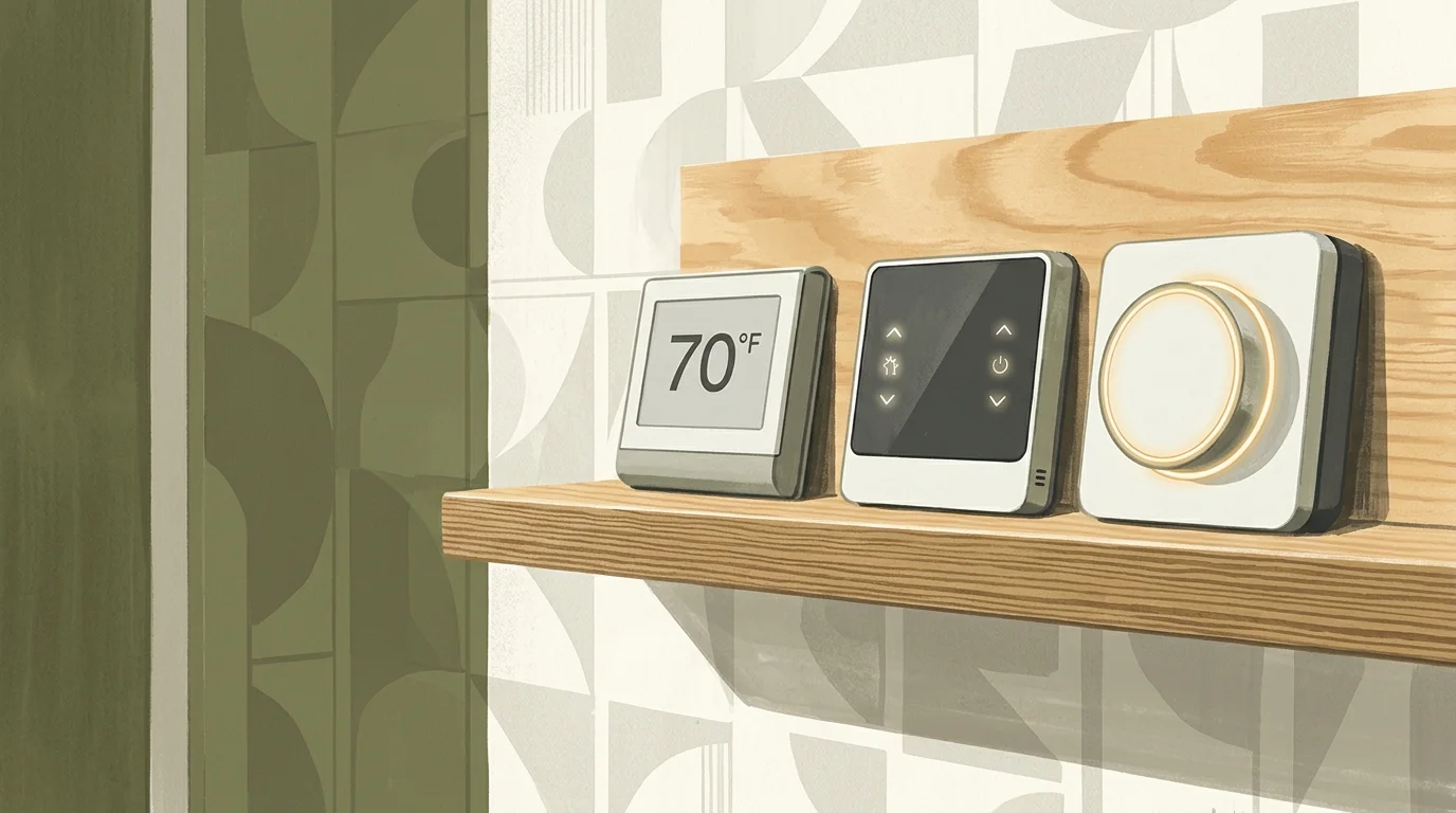 Illustration of three modern square digital thermostats displayed in a row on a wooden shelf against a patterned wall.