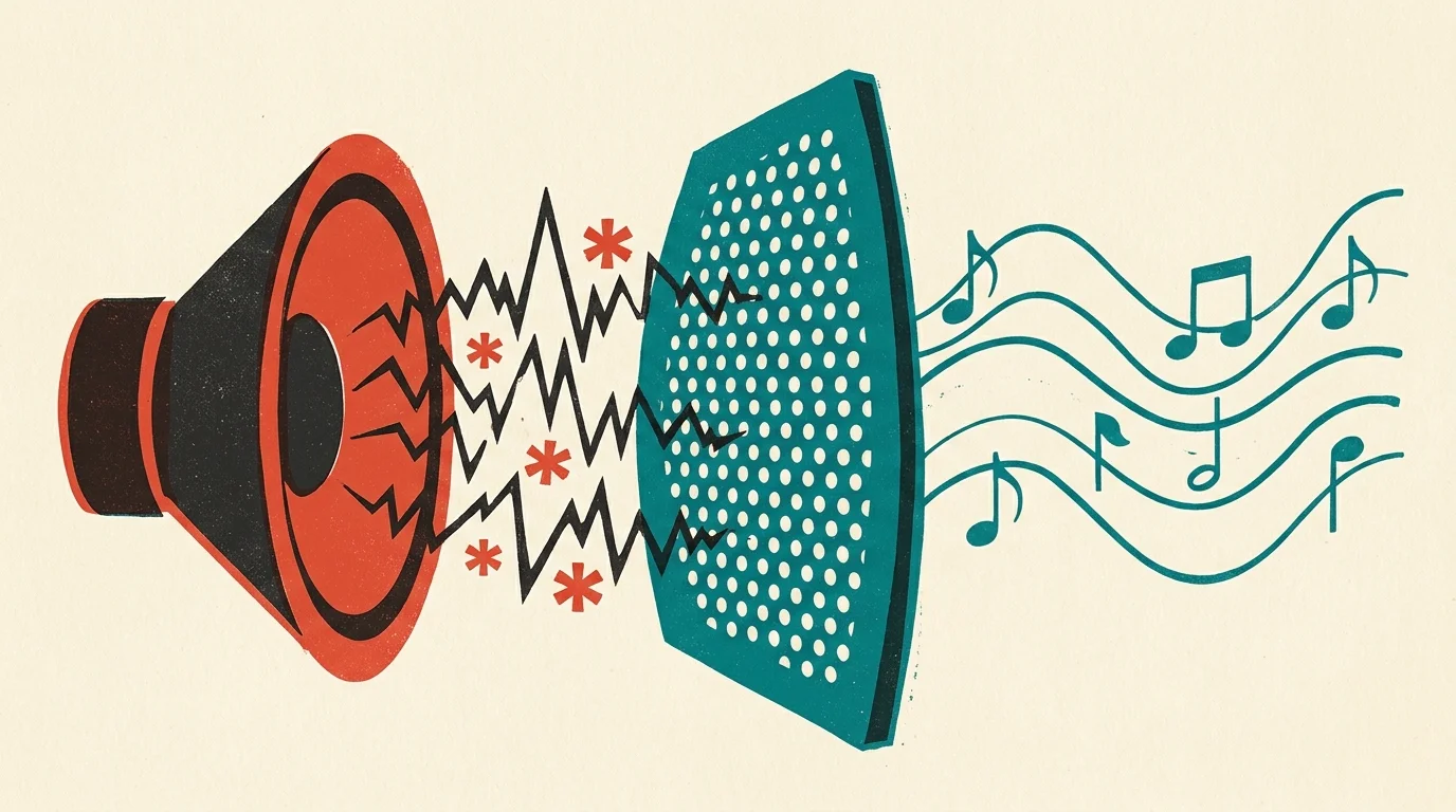 Illustration of a speaker emitting jagged sound waves and asterisks into a filter, which outputs clean musical notes.